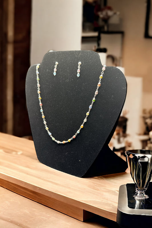 Silver Necklace with Multicolored Mini Cat's Eye Stones