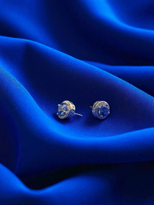 Silver Halo Stud Earrings with Blue Swarovski Crystals
