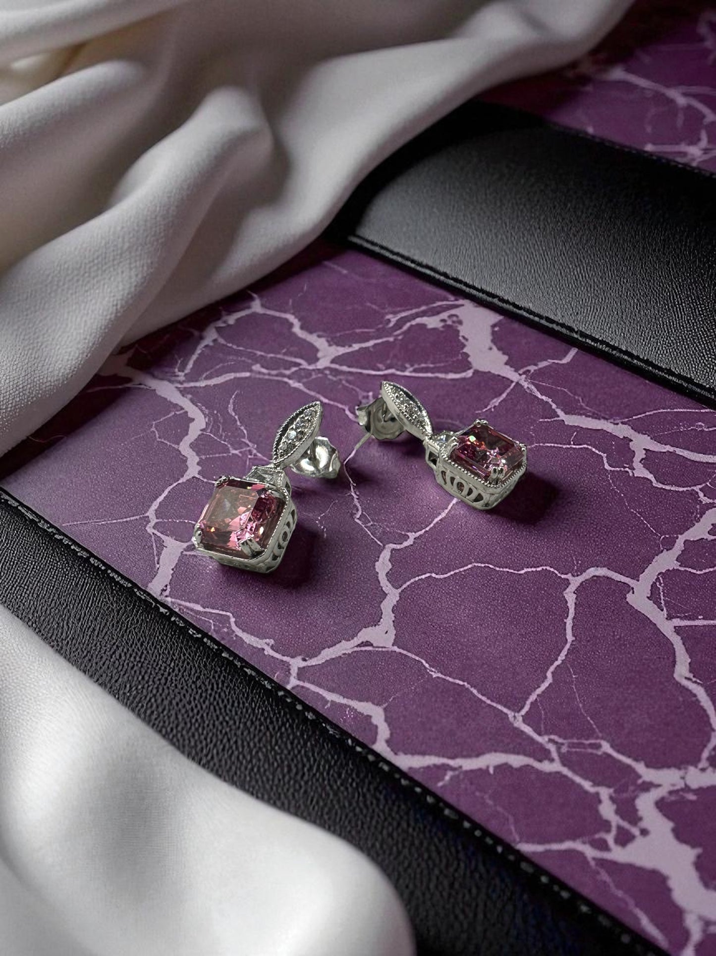 Silver Stud Earrings with Pink Swarovski Crystals
