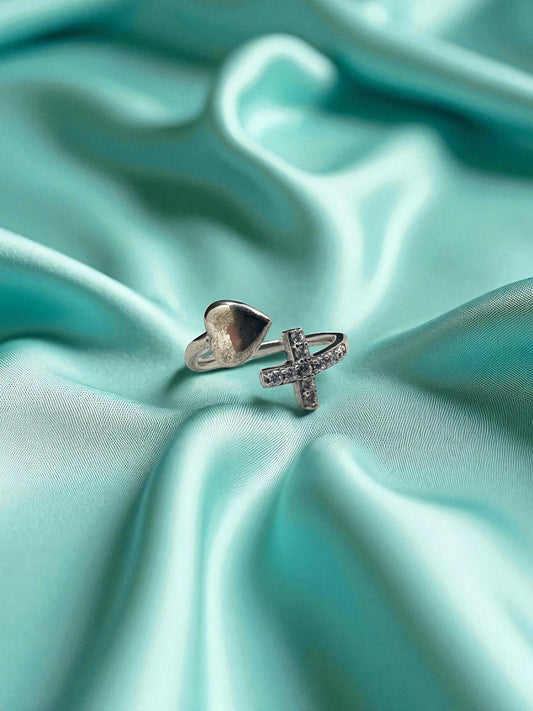 Silver Heart & Cross Ring