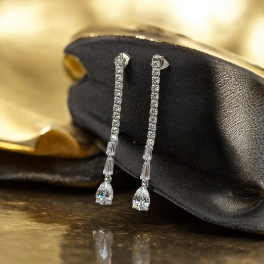 Long Diamond Drop Earrings with Pear-Cut Detail