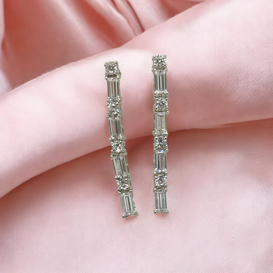 Silver Bar Drop Earrings with Alternating Cuts