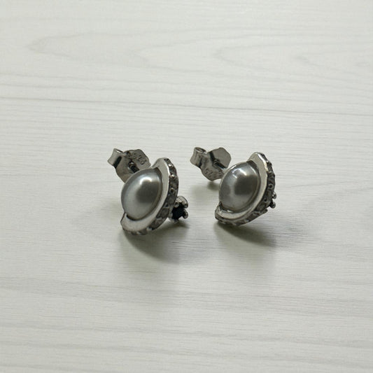 Silver Saturn Pearl Earrings