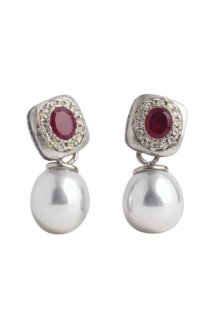 Ruby and Pearl Halo Drop Earrings