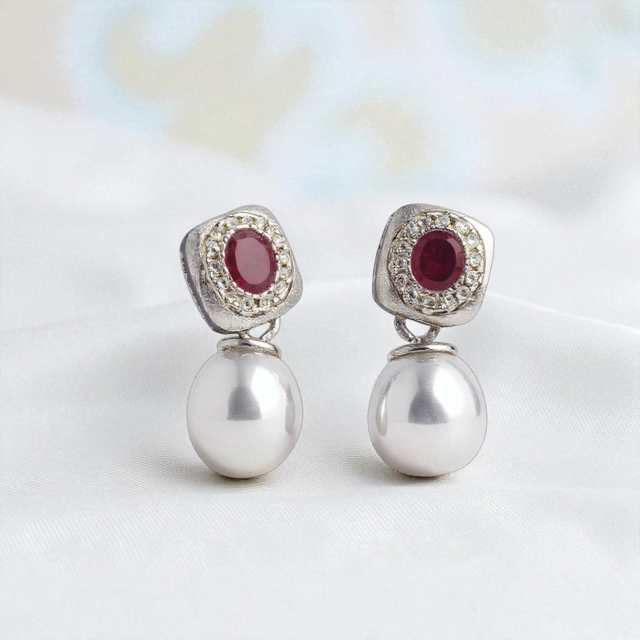 Ruby and Pearl Halo Drop Earrings