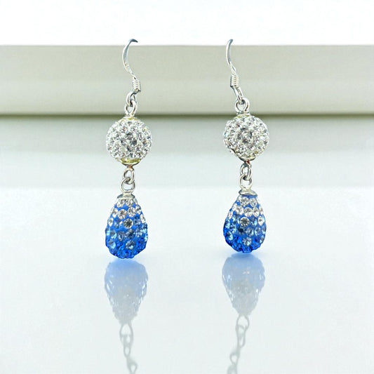 Long Silver Earrings with Crystal Sphere and Teardrop Design
